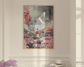 Trying to Accept the Distance Print - [Surreal Collage Art,Elegant Wall Decor, Pastel Art Print, Floral Art]