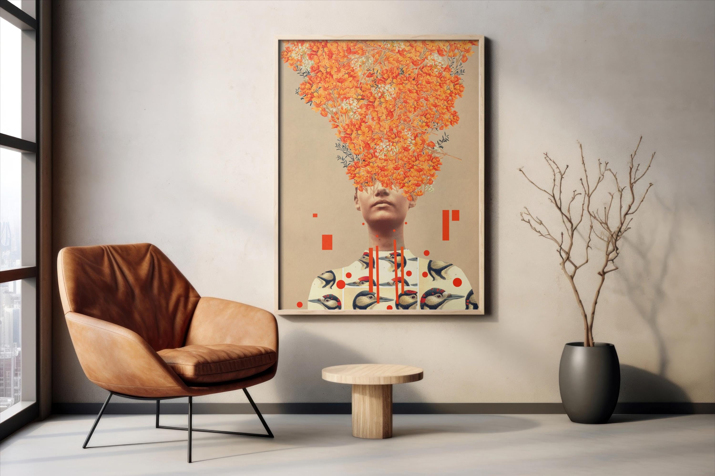 Bird Flight In Autumn Print - [Flower head Art Print, Elegant Floral Portrait, RetroPop Botanical Wall Decor, Autumn Flowers Art]
