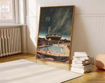 May include: A retro-futuristic illustration of a building with a swimming pool on a desert planet. The building has a circular design and is surrounded by a pool with people swimming and sunbathing. The sky is filled with stars and a crescent moon.