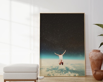Falling With A Hidden Smile Art Print - [Collage, Art, Retro, Space, Futuristic, Midcentury Vibe Surreal Collage, Sci-fi Wall Decor]