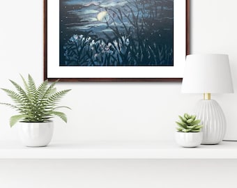 The Moon Amongst Trees - Original Pastel Art from Ukraine, pastoral art piece, moonlight scenery
