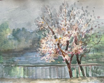 Flowering tree - original watercolor painting spring modern art