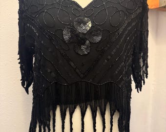 Top vintage de seda con lentejuelas y cuentas de Metamorphosis, talla pequeña
