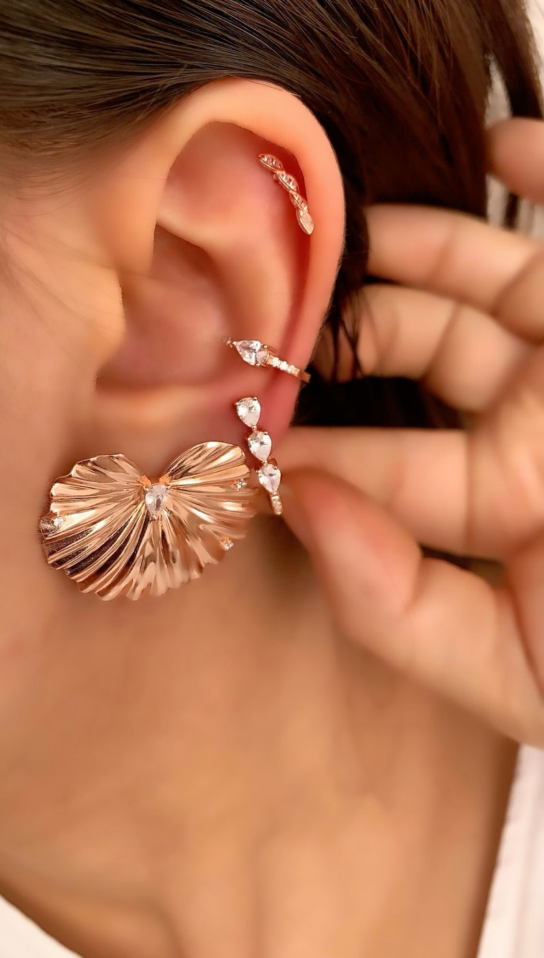 Rose Gold Vermeil Cubic Zirconia Gemstone Cartilage Earring Leaf Silver Stud Earring 925 Solid Sterling Silver Minimal Helix Piercing