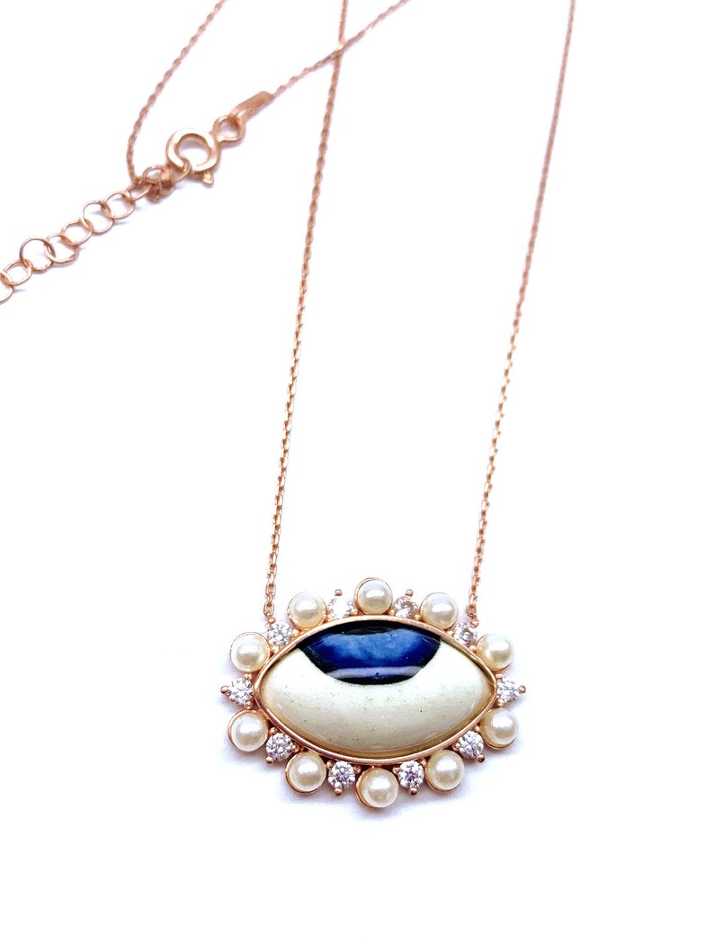Pearl Evil Eye Pendant Necklace 925 Solid Sterling Silver Rose Gold Vermeil Evil Eye Necklace Clear CZ Gemstone Evil Eye Jewelry