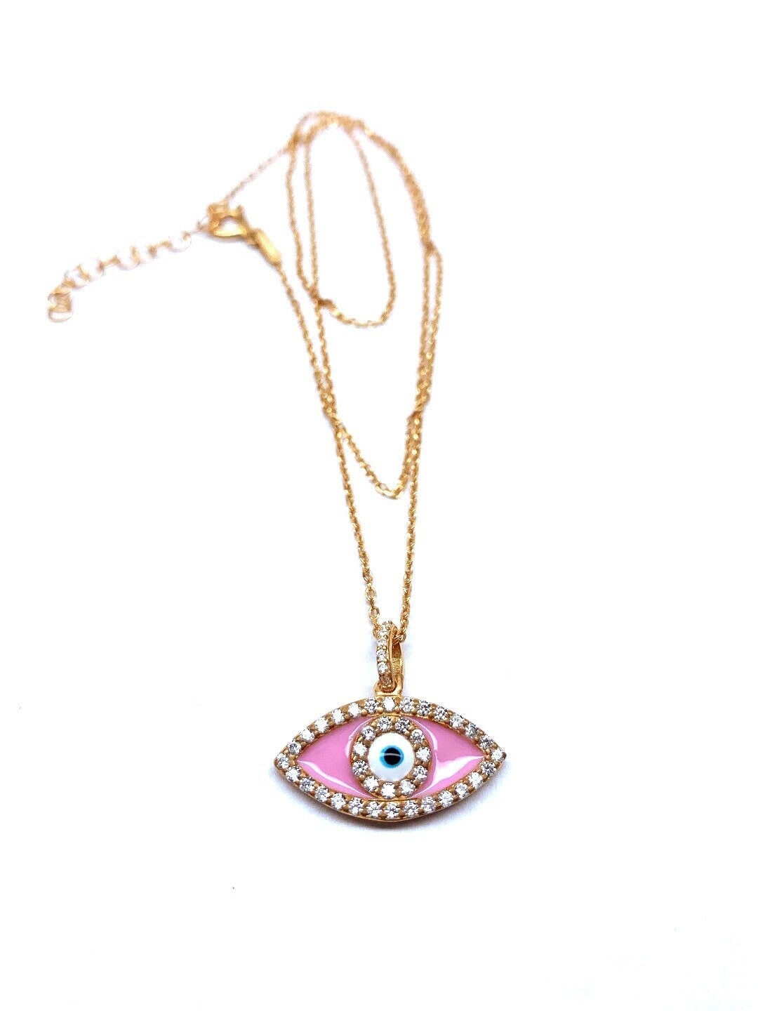 Pink Enamel Evil Eye Necklace Enamel Necklace CZ Gemstone Etsy UK