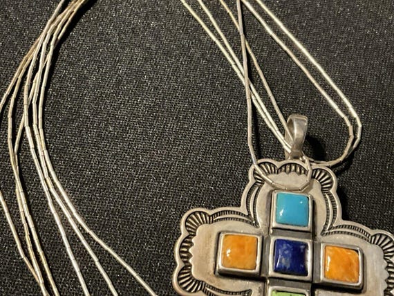Don Lucas Cross Necklace.  Liquid Silver, Turquoise, Spiny Oyster, Lapis, Coral View 2