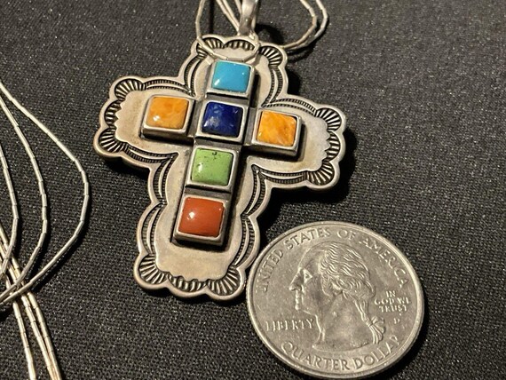 Don Lucas Cross Necklace.  Liquid Silver, Turquoise, Spiny Oyster, Lapis, Coral View 4