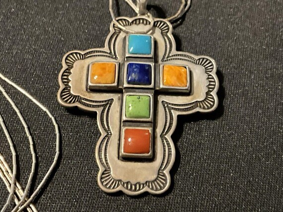 Don Lucas Cross Necklace.  Liquid Silver, Turquoise, Spiny Oyster, Lapis, Coral
