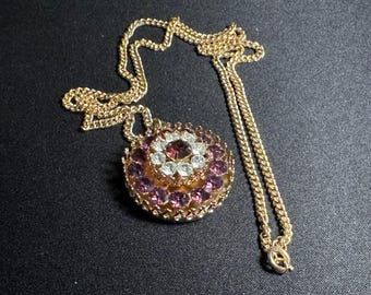 Pegasus Coro Vintage Round Purple & Clear Rhinestone Gold Tone 22in Necklace