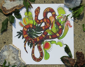 May include: A colourful illustration of a snake wrapped around a group of carnivorous plants. The snake is orange and brown with black markings. The plants are green with red and yellow accents. The illustration is on a white background.