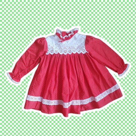 VTG 80s Baby Girls Red with White Polka Dots Dres… - image 1