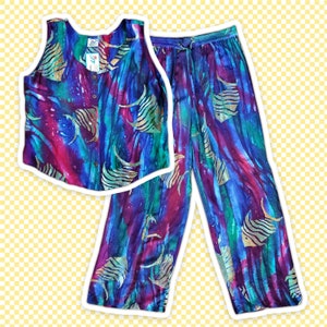 Batik Dyed Angelfish All Over Pattern Sleeveless Top and Pant Outfit Sz L