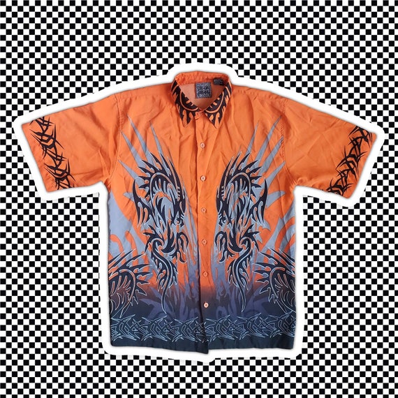 VTG Y2k Teen Tribal Dragon  Button Down Shirt Sz T