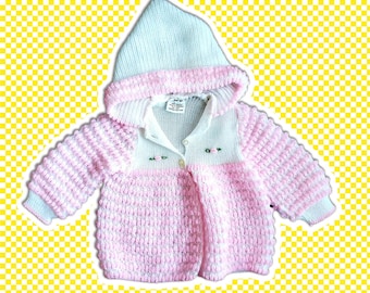 VTG Pink and White Striped Scrunch Knit Baby Hoodie Sweater Sz 12M