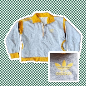 VTG 80s Adidas Gray and Golden Yellow Striped Pullover Half Zip Sweatshirt Sz XL