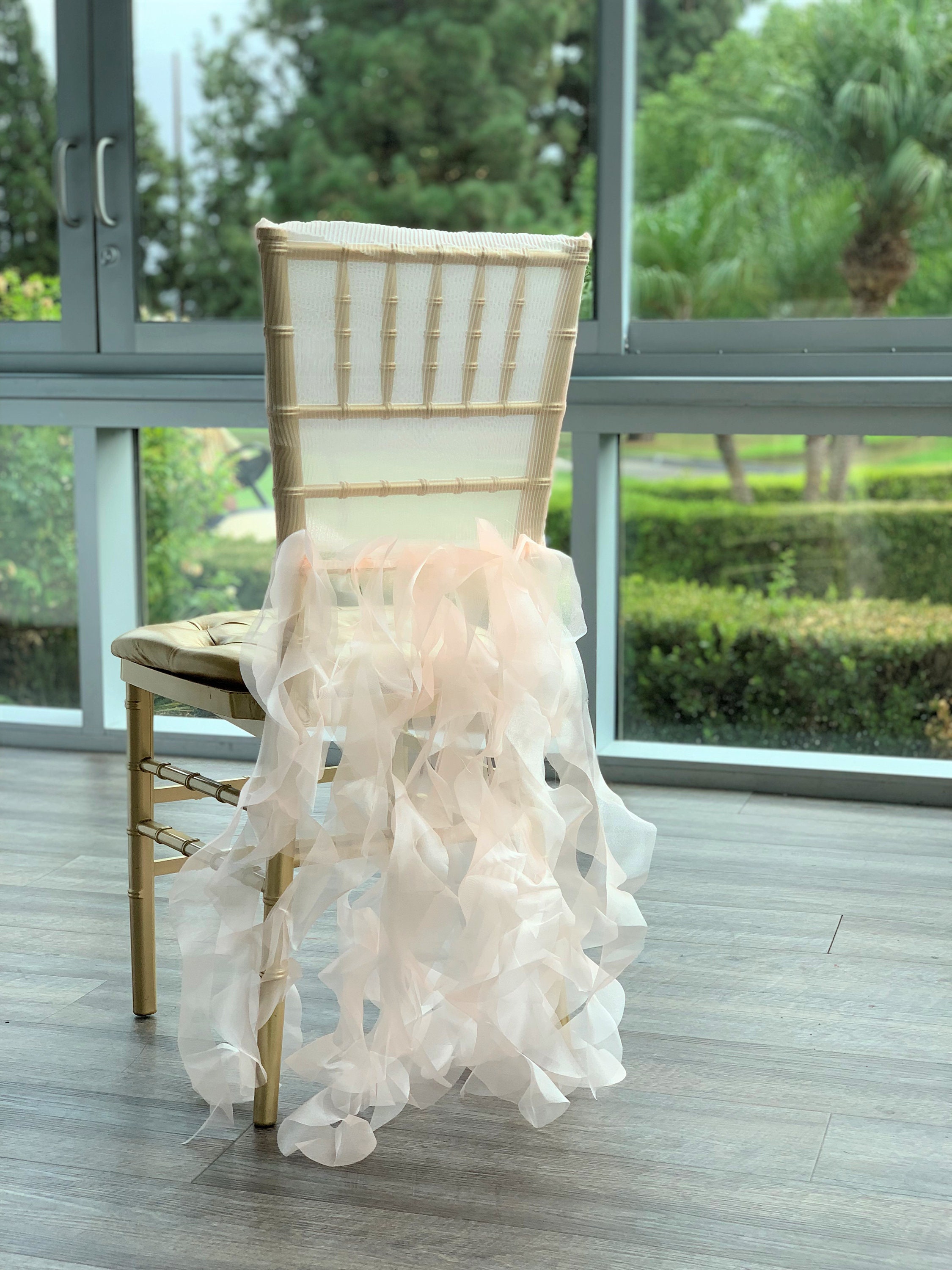 Champagne Curly Willow Bridal Chair Cover Sheer Organza Chair Cover