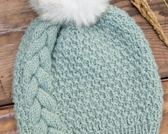 Teal PomPom Rose Vine pattern hat with a braided cable soft womens accessory teen beanie light blue Faux Fur pompom hat