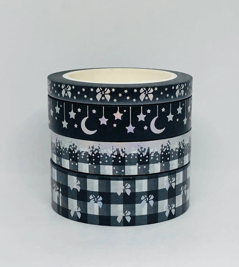 Bows Stars Moon Washi Tape Samples Primrose Corner Black Plaid Holographic Washi Tape Samples Plaid Red Gold Foil Washi Tape Samples