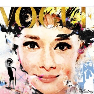 May include: A colorful, abstract painting of Audrey Hepburn on a Vogue magazine cover. The painting features a close-up of Hepburn's face with a gold "Vogue" title and text that reads "Breakfast at Tiffany's" and "Audrey Hepburn".