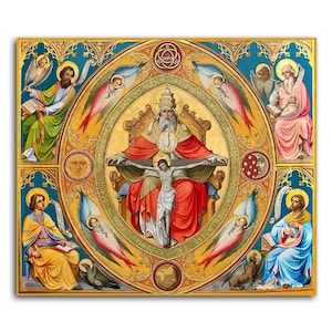 May include: A colourful painting depicting a religious scene with a central figure of a crowned man seated on a throne, surrounded by angels and other figures. The painting is set against a gold background with intricate details.