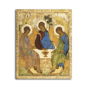 May include: An icon depicting the Holy Trinity, three figures with halos, seated together on a throne. The figures are dressed in robes of blue, green, and brown, and they are holding a chalice.