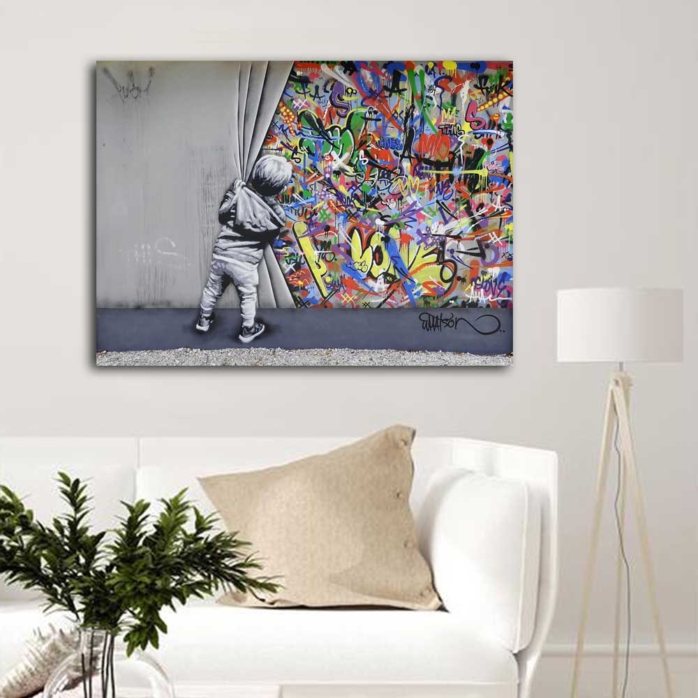 Poster Banksy Graffiti Street Art Enfant derrière le rideau - 50 x 70