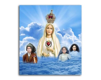 Our Lady of Fatima with Children - Virgin Mary with Francisco, Jacinta and Lucia Children of Fatima image canvas religious print art