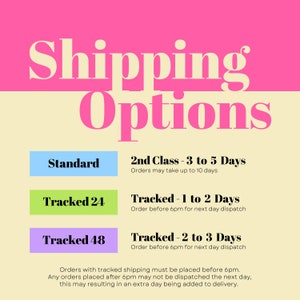 May include: A graphic displaying "Shipping Options" in pink and white. It lists delivery options: Standard, Tracked 24, and Tracked 48, with associated delivery times. Further text clarifies order dispatch deadlines.