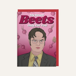 May include: A greeting card with a red border features a cartoon illustration of a man with glasses. The card reads "My Heart Beets Only For You" in a retro font, with beet illustrations on a pink background.