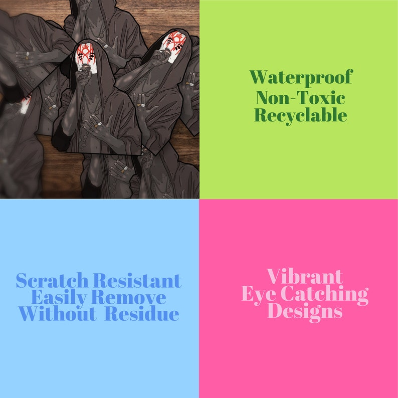 May include: Stickers depicting a figure in a black hooded robe and a white mask with red and black markings. The image includes text that reads: Waterproof, Non-Toxic, Recyclable, Scratch Resistant, Easily Remove Without Residue, and Vibrant Eye Catching Designs.