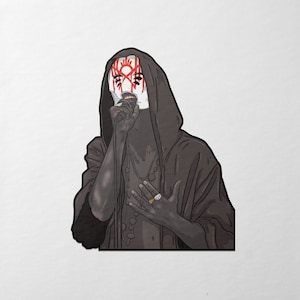 May include: Stylised illustration of a person in a black hooded robe, holding a microphone. The person's face is white with red markings. They are wearing a necklace and rings. The image has a dark aesthetic.