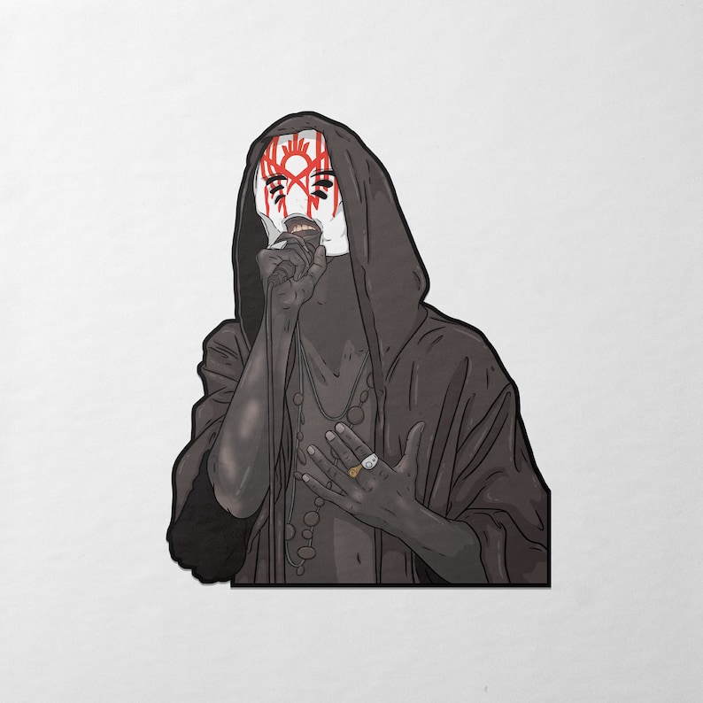 May include: Stylised illustration of a person in a black hooded robe, holding a microphone. The person's face is white with red markings. They are wearing a necklace and rings. The image has a dark aesthetic.