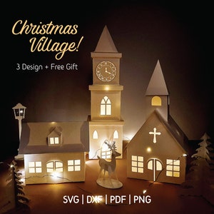 Plantilla de casa de papel 3D SVG, Casa de la torre del reloj de la iglesia, Pueblo navideño de papel, Decoración de linterna navideña de bricolaje, Caja de regalo de la casa de papel