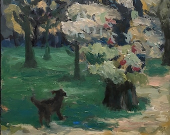 Original oil painting landscape plein air 12x12 fredbellart trees scenery forest woods dog Wisconsin fredbellart