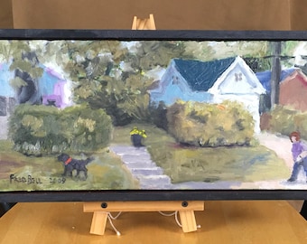 Walking The Dog, Landscape painting with house, horizontal small framed art