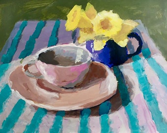 Coffee Cup With Daffodil, flowers, yellow, 9x12, still life painting, floral, ready to hang.