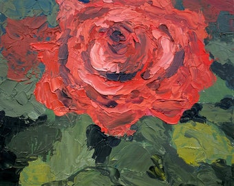 372 Big Red Rose, square 6x6" original oil painting floral still life