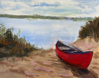 Around The Lake, canoe, lake, landscape, outdoors, small art painting, unique, one of a kind, not a print.