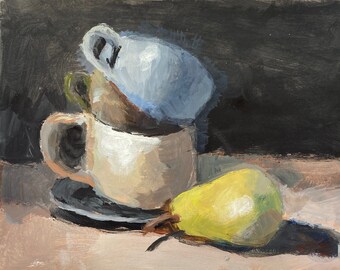 The Gathering, Still life painting, 8x10, fruit, cups, wall art, original, one-of-a-kind, acrylic paint, sold by the artist.