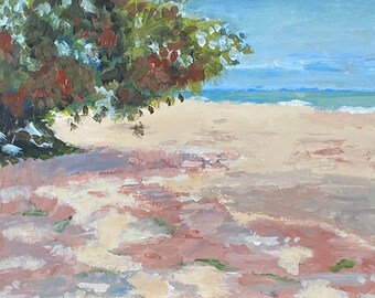 Beach landscape painting, original art by Fred Bell, 9x12", handmade, Milwaukee