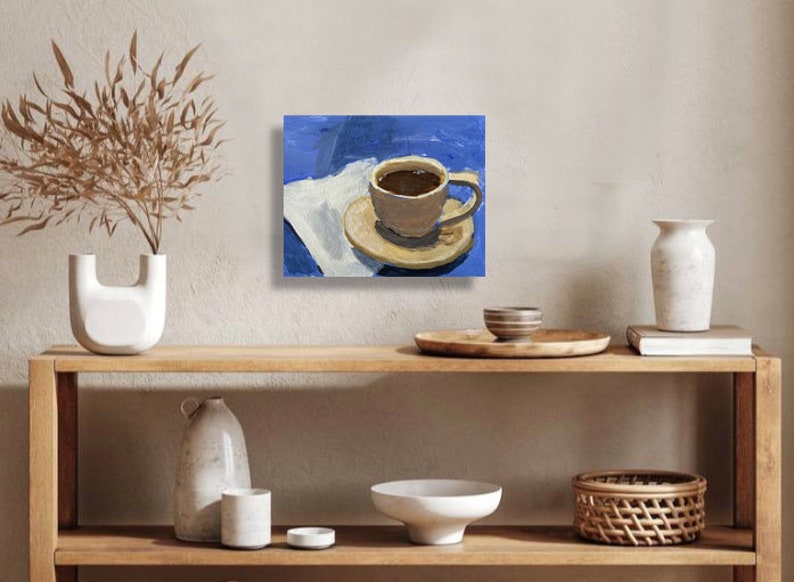 Wake Up, 8x10, cup of coffee, painting, still life, ready to hang, blue. image 2