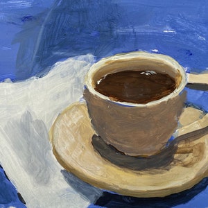 Wake Up, 8x10, cup of coffee, painting, still life, ready to hang, blue. image 1