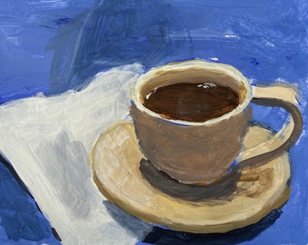 Wake Up, 8x10", cup of coffee, painting, still life, ready to hang, blue.