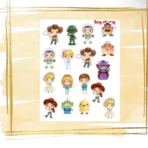 May include: A collection of colorful cartoon character stickers from the movie "Toy Story". The stickers feature characters like Woody, Buzz Lightyear, and others, with the movie title at the top. The stickers are arranged on a white background with a gold border.