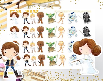 May include: A sheet of Star Wars themed stickers featuring watercolor illustrations of characters like Princess Leia, Han Solo, Yoda, and Darth Vader. The stickers are in a cartoon style, with a white background and gold accents.