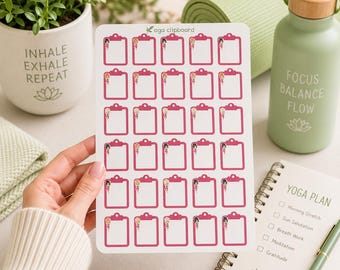 May include: A white sticker sheet featuring thirty small, pink clipboard icons arranged in a grid. Each clipboard icon includes a tiny illustration of a person in a yoga pose. The text "yoga clipboard" is printed in green at the top center of the sheet.