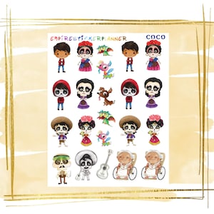 May include: A sheet of stickers featuring characters from the animated film "Coco." The stickers include various characters in colorful outfits, such as Miguel, Mama Imelda, and Dante. The text "EMPIRESTICKERPLANNER" and "COCO" are visible.