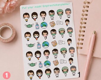 May include: A white sticker sheet titled Put your mask! Empirestickerplanner featuring rows of small cartoon illustrations of people wearing face masks, medical professionals, hand sanitizer bottles, globes with masks, hand washing, and toilet paper.