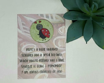 May include: A pink and white card with a ladybug button attached. The card has the text "Here's a little ladybug Sending you a great big hug. When you're feeling sad & blue Squeeze it tight & remember. I am always thinking of you!"